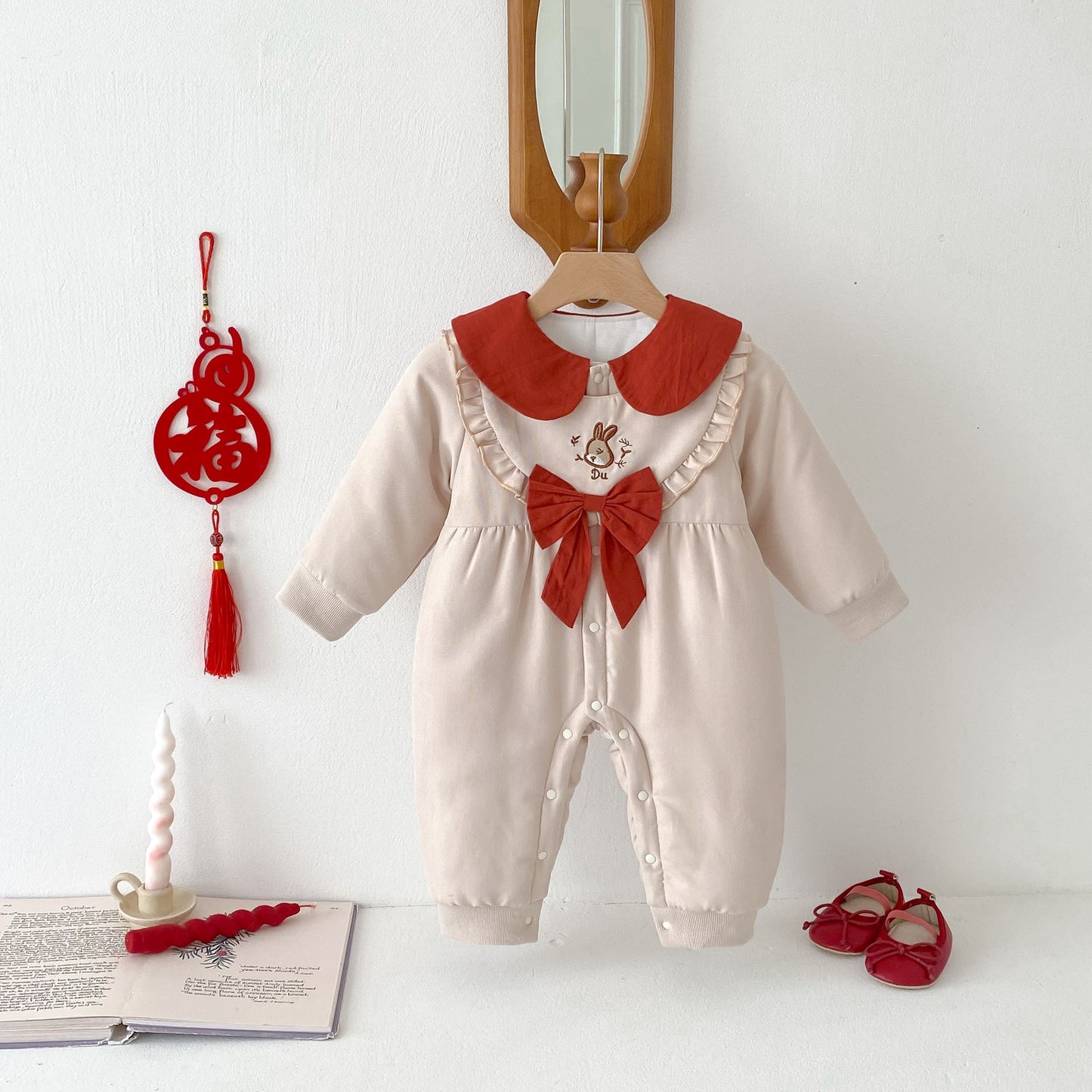 Arrival Baby Girls Simple Rabbit Embroidered Pattern Warm Padded Thick Romper