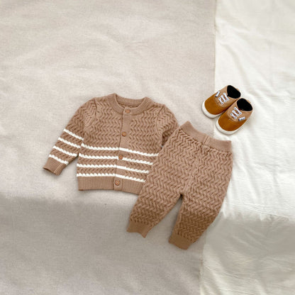 Arrival Autumn Baby Kids Unisex Long Sleeves Striped Knitted Cardigan and Long Trousers – Clothing Set