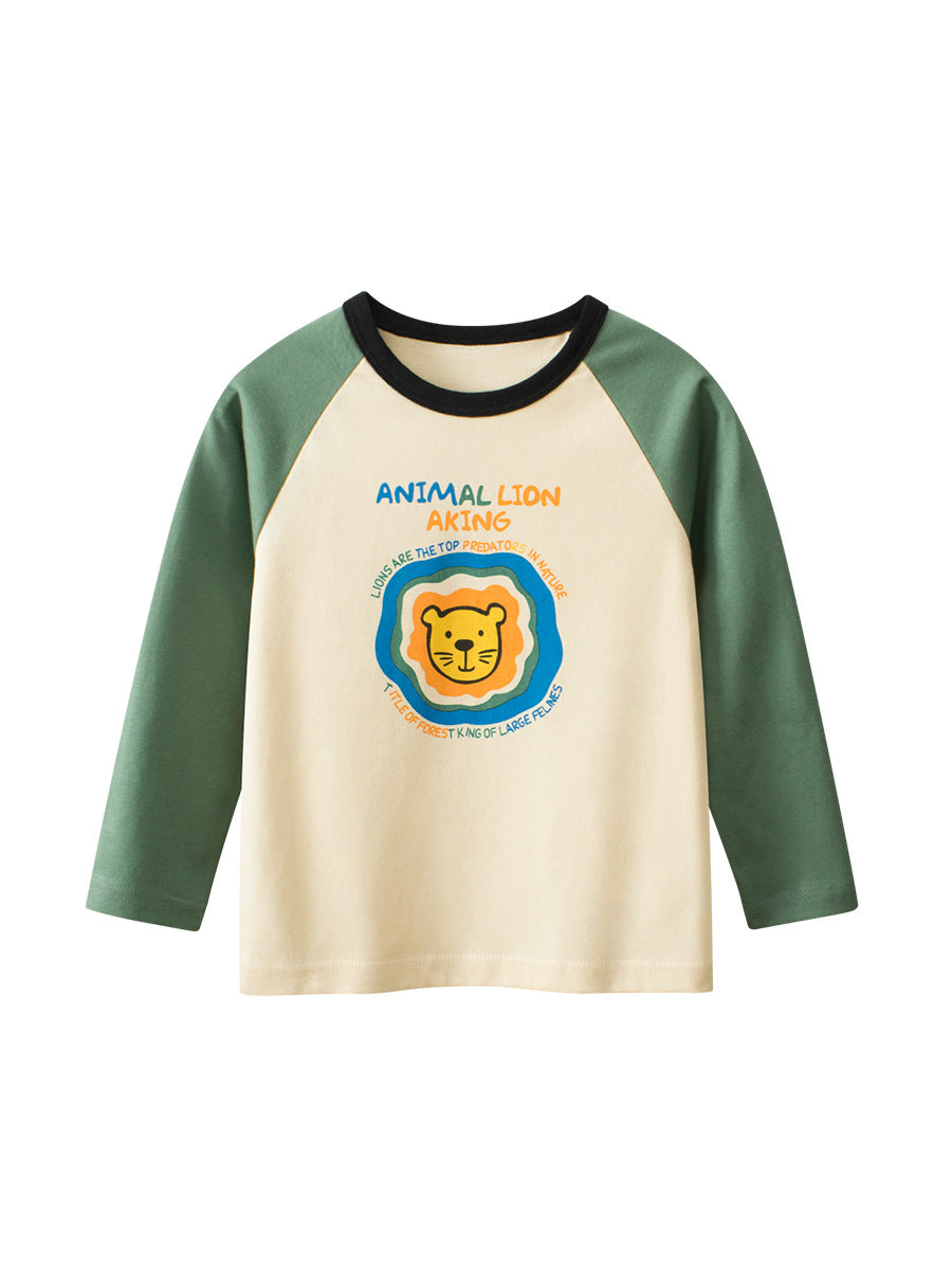 Autumn Baby Boys Letters and Lion Print Color Patchwork Long Sleeves Crew Neck Base Top Shirt