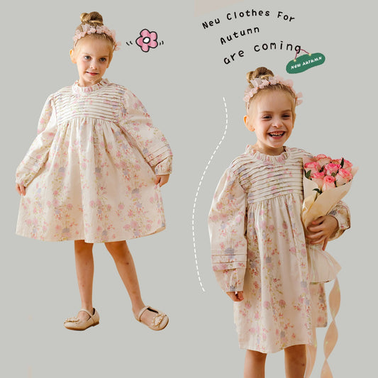 Vestido plisado de manga larga con cuello con volantes y estampado de flores para niñas de estilo francés de otoño muy vendido 