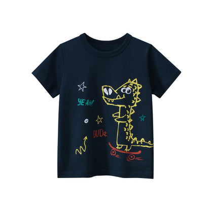 Camiseta para niño con estampado de letras y dinosaurios de dibujos animados en estilo europeo y americano 