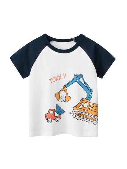 Boys’ Cartoon Excavator And Truck Print T-Shirt In European And American Style