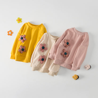 Camisa tipo pulóver con cuello redondo y mangas largas para niñas y niños con estampado de flores en 3D, diseño nuevo de otoño 