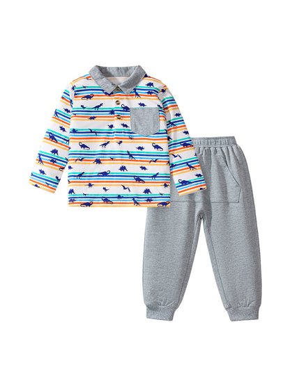 Arrival Spring And Autumn Boys Casual Dinosaur Print Striped Long Sleeves Top Polo Shirt And Pants Clothing Set