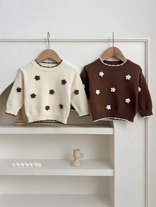 Autumn New Arrival Baby Kids Girls Comfortable Knitted Long Sleeves Pullover with 3D Flowers Embroidery Pattern