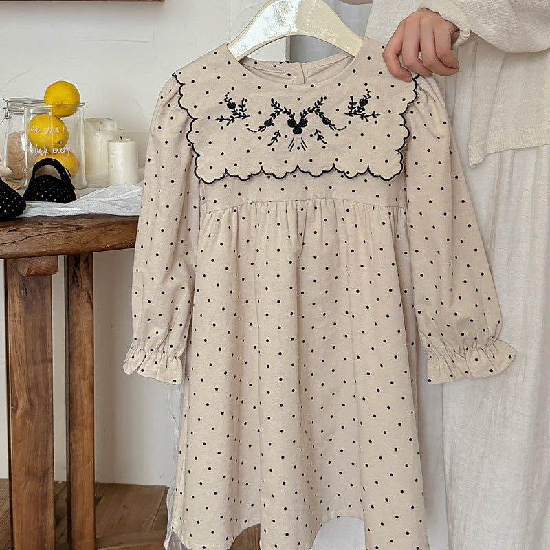 Vestido vintage de otoño para niña, con cuello redondo, mangas largas, estampado de lunares y flores bordadas 