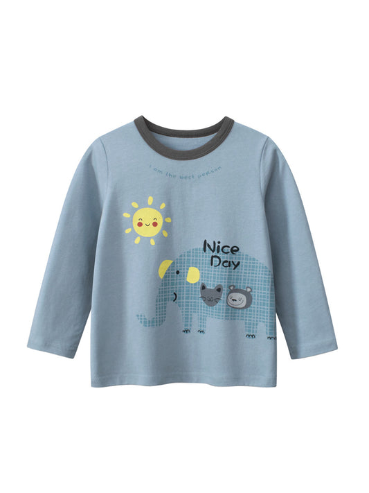 Autumn Baby Boys Letters and Animals Print Long Sleeves Crew Neck Base Top Shirt