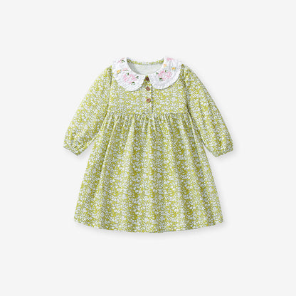 Vestido de princesa de manga larga con cuello Peter Pan y estampado floral bordado para niñas de otoño 