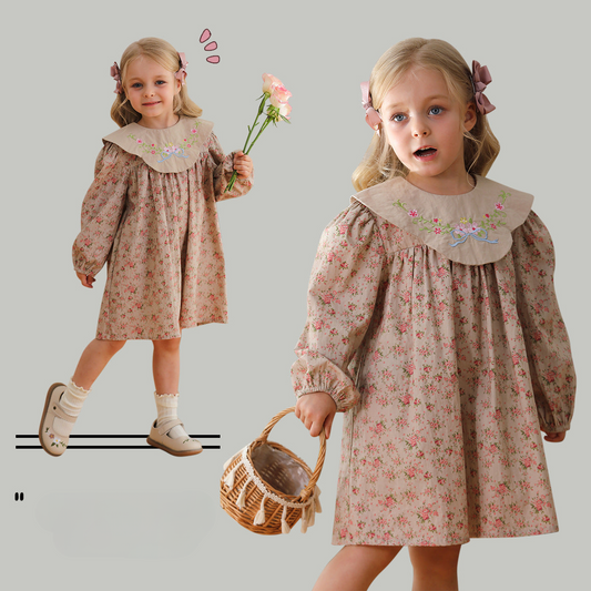 Vestido vintage de manga larga con cuello bordado y diseño floral para niñas de otoño 