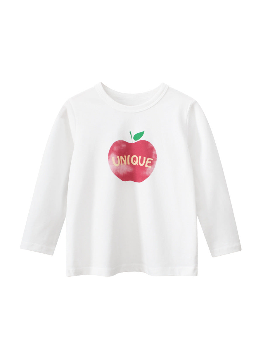 Autumn New Arrival Kids Girls Unique Apple Print Crew Neck Long Sleeves Shirt