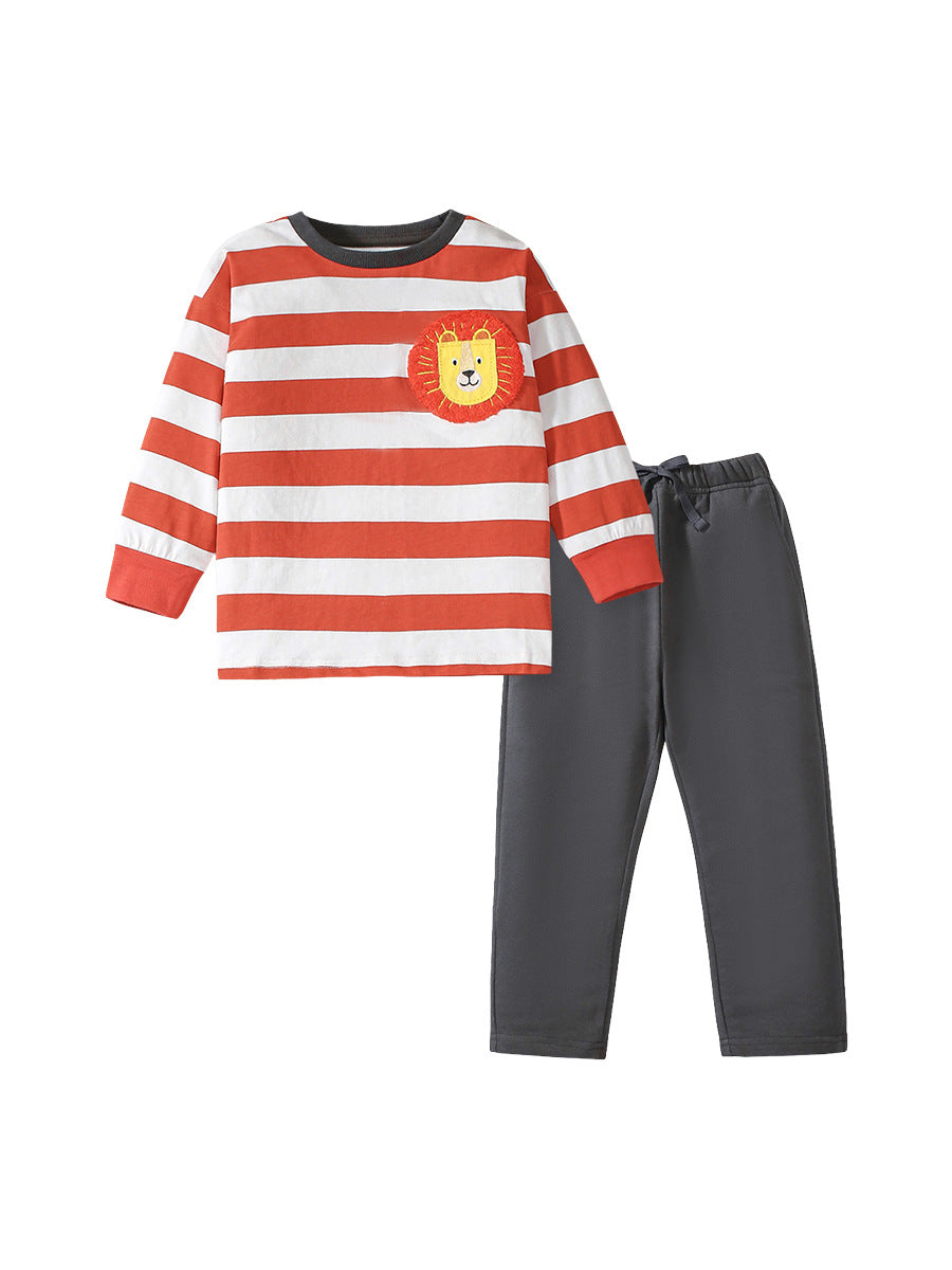 Conjunto de camiseta y pantalón de manga larga con estampado de león y rayas con apliques informales para niños de primavera y otoño 