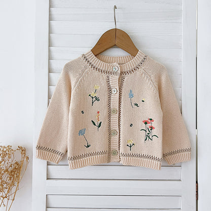 Arrival Baby Girls Comfortable Flowers Embroidery Pattern Knitted Long Sleeves Cardigan