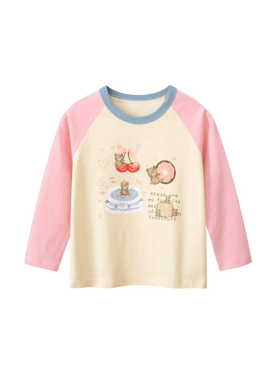 Autumn New Arrival Kids Girls Teddy Cartoon Print Crew Neck Long Sleeves Color Patchwork Shirt