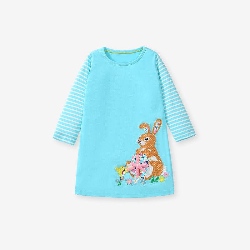 Arrival Autumn Girls Flowers And Rabbit Pattern Long Sleeves Cute Dress