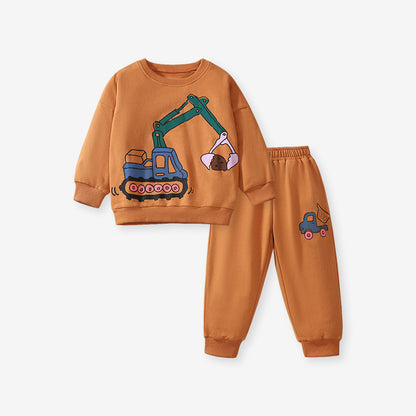 Spring And Autumn Boys Digger Pattern Long Sleeves Top Sweatshirt And Pants Clothing Set