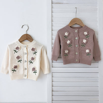 Arrival Baby Girls Comfortable Flowers Embroidery Pattern Knitted Long Sleeves Cardigan