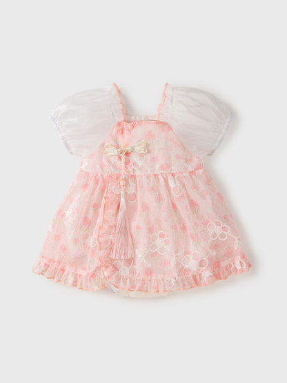 Summer New Dress Design Baby Girls Pink Flowers Pattern And Embroidery Short Sleeves Square Neck Sweet Cute Onesies