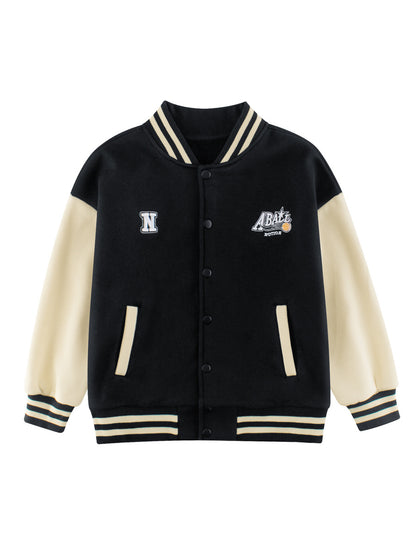 Boys and Girls Letters Pattern Contrast Design Single Breasted Baseball Coat