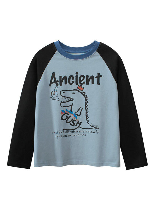 Arrival Kids Dinosaur Cartoon Print Crew Neck Long Sleeves Color Patchwork Sweatshirt