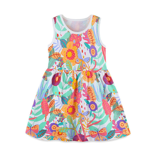 Summer Pure Cotton Cartoon Jungle Floral Pattern Sleeveless Dress for Stylish Girls