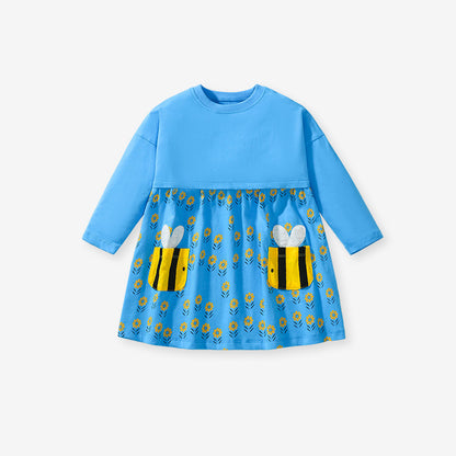 Vestido de manga larga con bolsillos y estampado floral vívido y abejas para niñas de otoño 