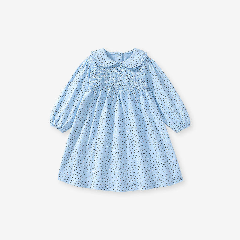 Design Autumn Girls Little Flowers Pattern Peter Pan Collar Long Sleeves Blue Dress