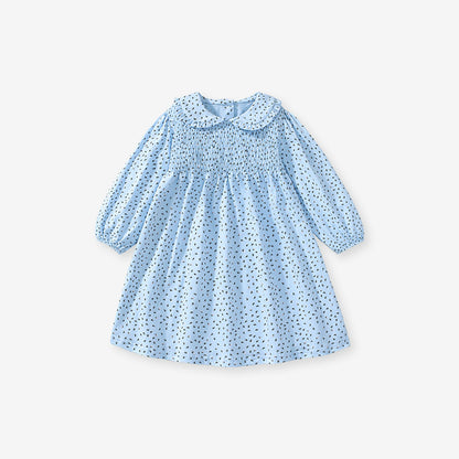 Design Autumn Girls Little Flowers Pattern Peter Pan Collar Long Sleeves Blue Dress