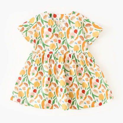 Summer New Arrival Baby Girls Casual Vegetable Print Short Sleeves V Neck Dress