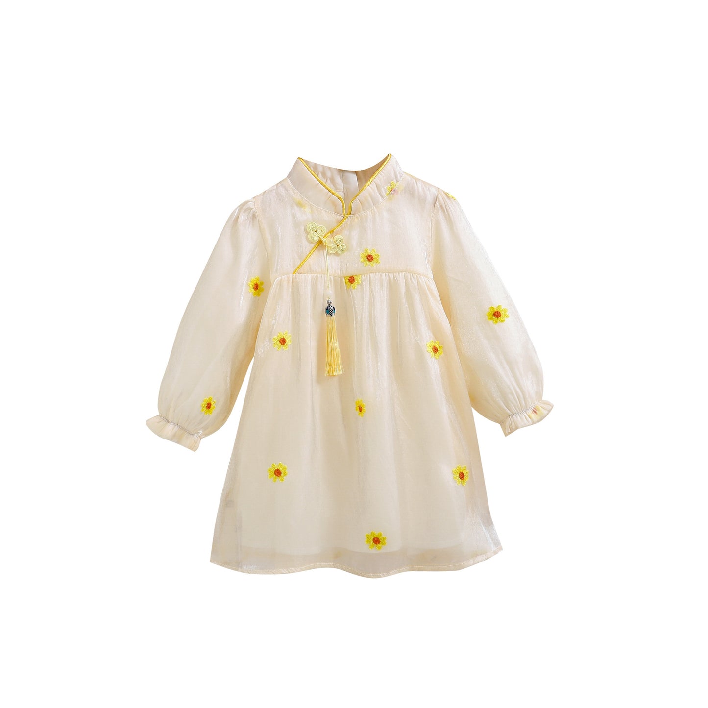 Arrival Autumn Girls Daisy Flowers Pattern Stand Collar Long Sleeves Tulle Patchwork Princess Dress