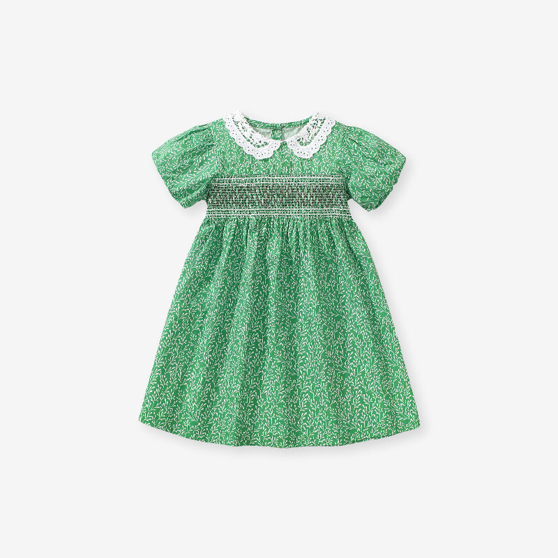 Vestido de verano con estampado de enredadera y cuello de encaje y mangas cortas para niñas y bebés 