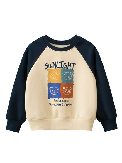 Autumn Baby Kids Boys Cartoon Print Color Patchwork Long Sleeves Crew Neck Top Pullover