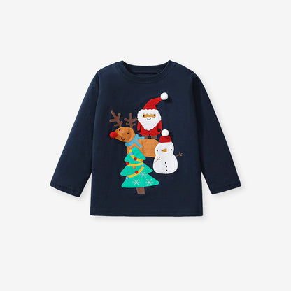 Llegada de otoño Camiseta de manga larga con estampado de Papá Noel de dibujos animados navideños para niños en estilo europeo y americano para el verano 