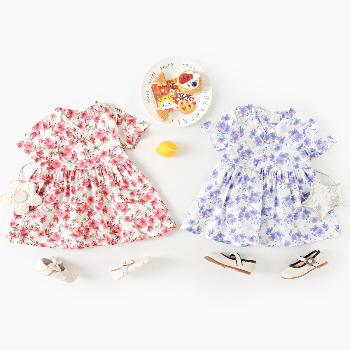 Summer New Arrival Baby Girls Elegant Floral Pattern Short Sleeves V Neck Dress