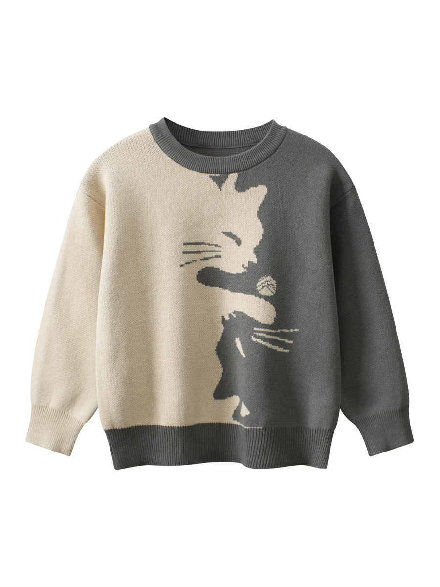 Autumn New Arrival Baby Girls Kids Cute Cat Pattern Crew Neck Long Sleeves Knitted Sweatshirt Pullover