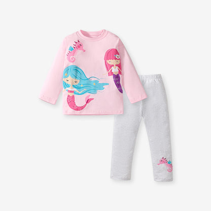 Conjunto de camiseta y pantalón de manga larga con estampado de dibujos animados de princesa sirena para niñas de primavera y otoño 