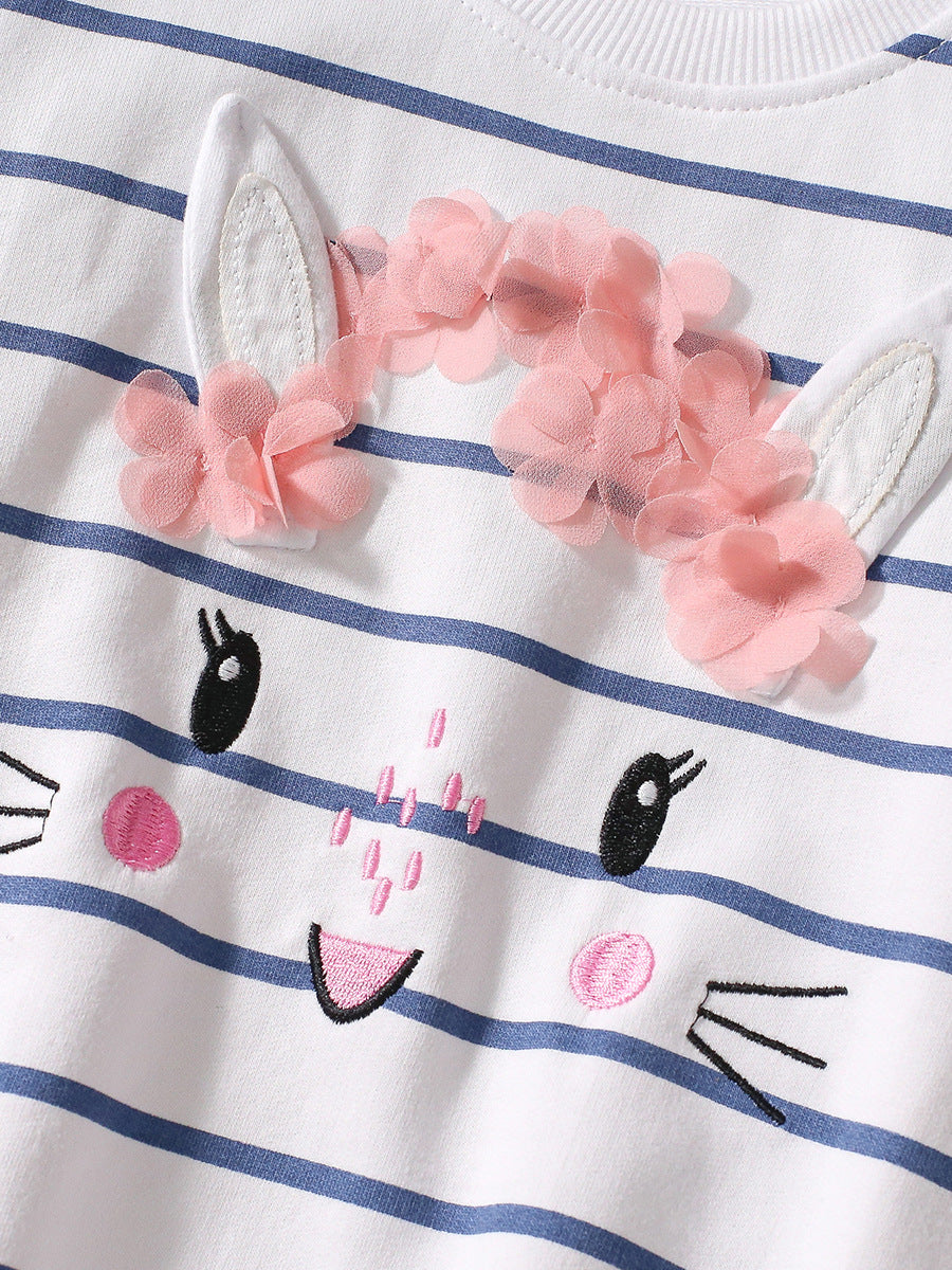 Spring And Autumn Girls Cartoon Rabbit And Striped Pattern Long Sleeves Crew Neck Top Sweatshirt And Pants Clothing Set