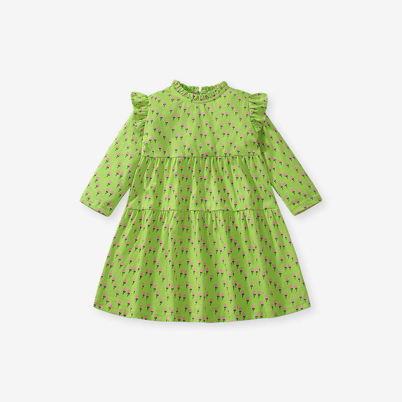 Design Autumn Girls Little Flowers Pattern Ruffle Neck Long Sleeves Green Dress