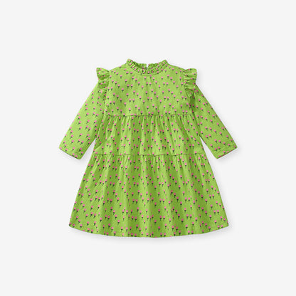 Design Autumn Girls Little Flowers Pattern Ruffle Neck Long Sleeves Green Dress