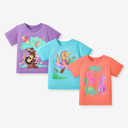 Girls’ Dinosaurs Cartoon Pattern Short Sleeves T-shirt in European and American Style for Summer