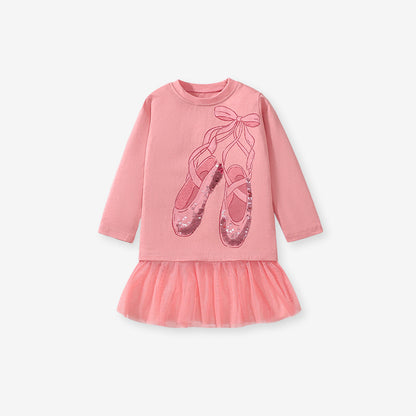 Vestido tipo camiseta de manga larga con zapatos de baile de dibujos animados para niñas en estilo europeo y americano para otoño 