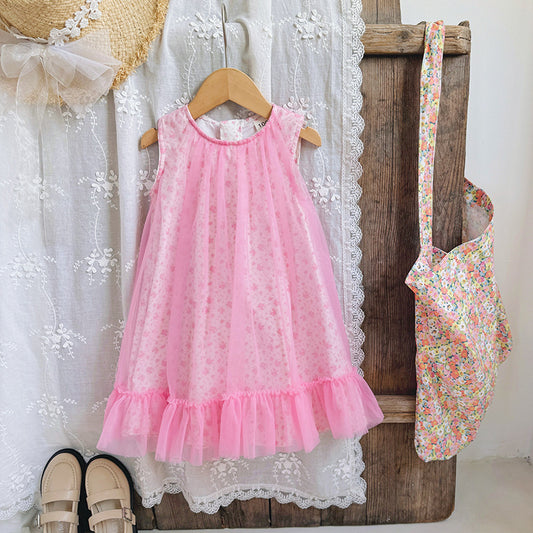 New Design Summer Kids Girls Cute Floral Print Sleeveless Mesh Dress