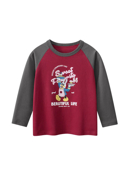 Autumn New Arrival Kids Girls Cartoon Print Crew Neck Long Sleeves Color Patchwork Shirt