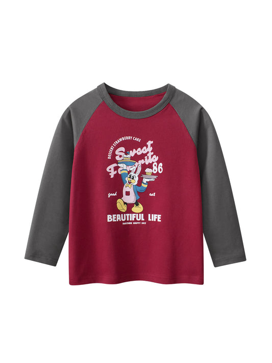 Autumn New Arrival Kids Girls Cartoon Print Crew Neck Long Sleeves Color Patchwork Shirt