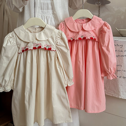 Arrival Autumn Girls Cherry Embroidery Long Sleeves Peter Pan Collar Dress