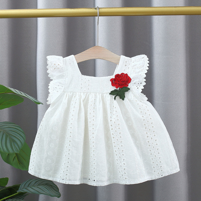 Summer Hot Selling Baby Kids Girls Hollow Out Flowers Pattern Fly Sleeves Square Neck Princess Dress