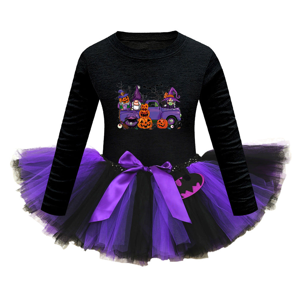 Arrival Girls’ Halloween Costume: Long Sleeves Cartoon Print Witches Cosplay Party Tulle Patchwork Dress