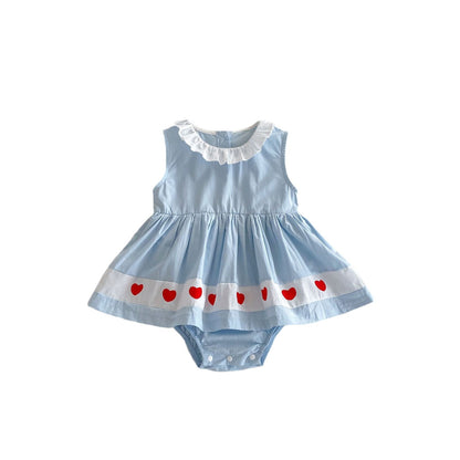 Best Selling Summer Baby Kids Girls Red Heart Pattern Sleeveless Ruffle Collar Onesies Dress