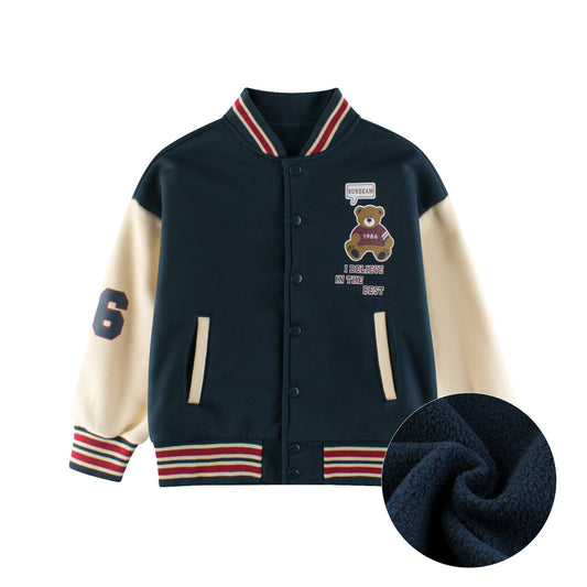 Boys and Girls Teddy Bear and Letters Printed Contrast Design Color Patchwork Single Breasted Striped Baseball Coat