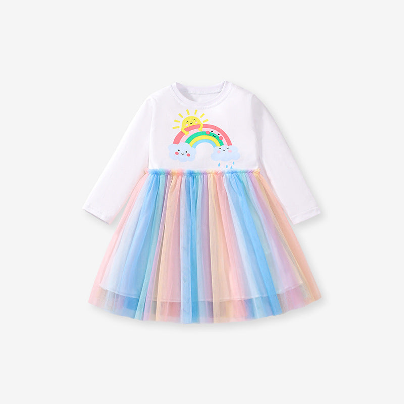 Design Autumn Girls Cartoon Rainbow And Clouds Pattern Crew Neck Long Sleeves Colorful Tulle Patchwork Dress