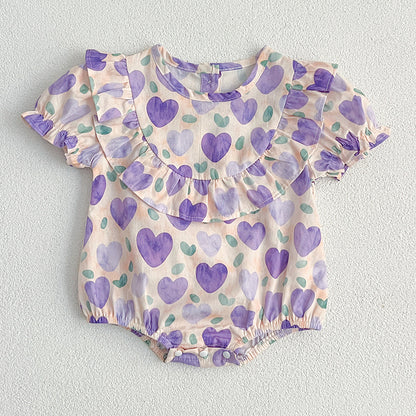 Summer Baby Kids Girls Heart Pattern Short Sleeves Crew Neck Onesies – Princess Sister Matching
